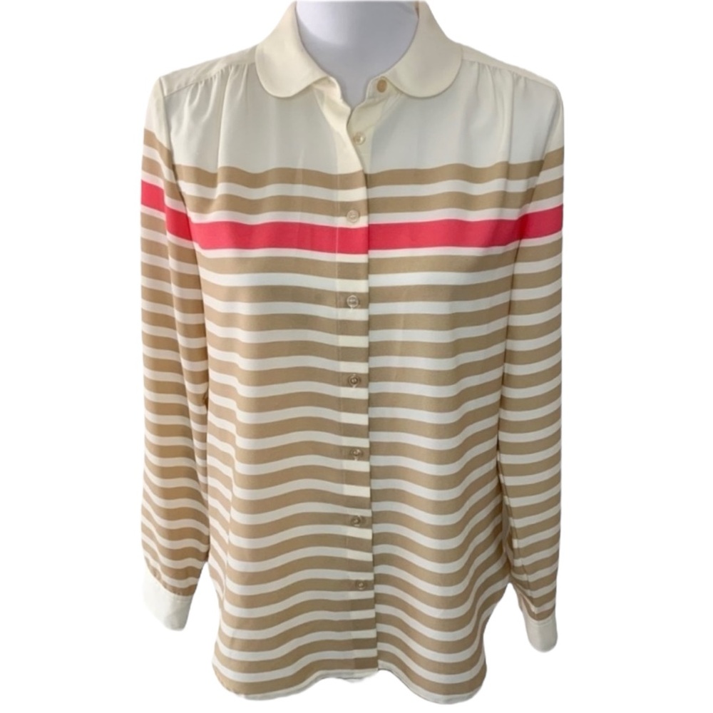 TALBOTS Button Up Stripped Blouse w/ Peter Pan Collar in Tan/Ivory/Pink Size 4 - Picture 2 of 10
